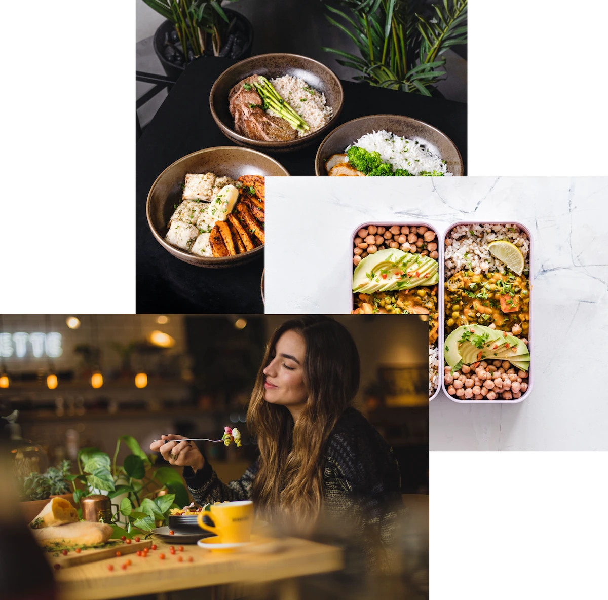 woman enjoying food, meals in storage container, and food bowls on the table
